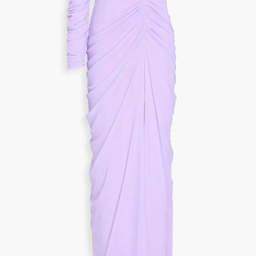 Rhea Costa Purple One-Shoulder Gown with Bishop Sleeves
